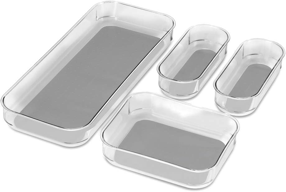 madesmart Premium 4 Piece Clear Bin Pack, Modular Storage Set for Office, Kitchen & Home, Soft Grip Lining & Non Slip Base, Grey