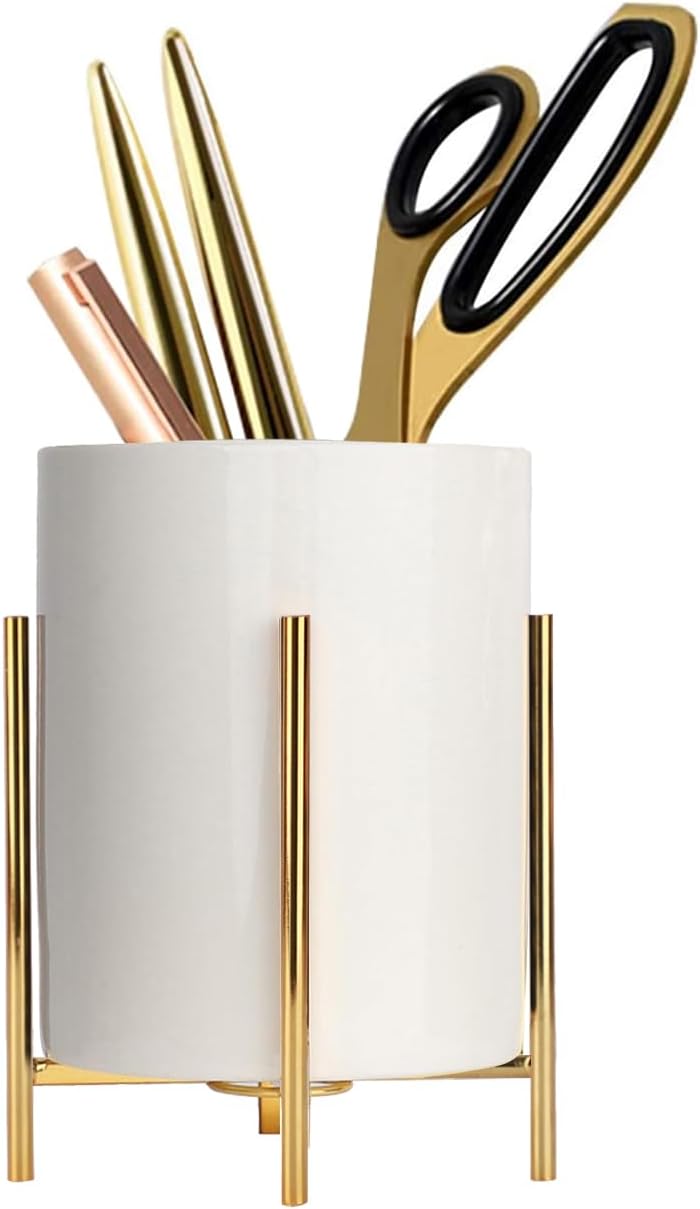 Sturdy Pen Holder Simple and elegant for Desk Matte Pencil Holder Ceramic Cute Desktop Organizer Brush Holder Cup (Black and Gold Plated)