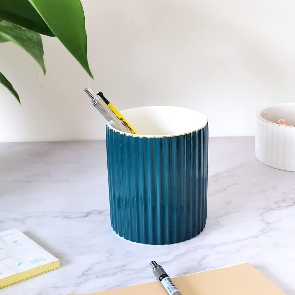 CROWNOS Pen Holder for Desk, Ceramic Pencil Cup Office Desk Organizer, Makeup Brush Holder, White