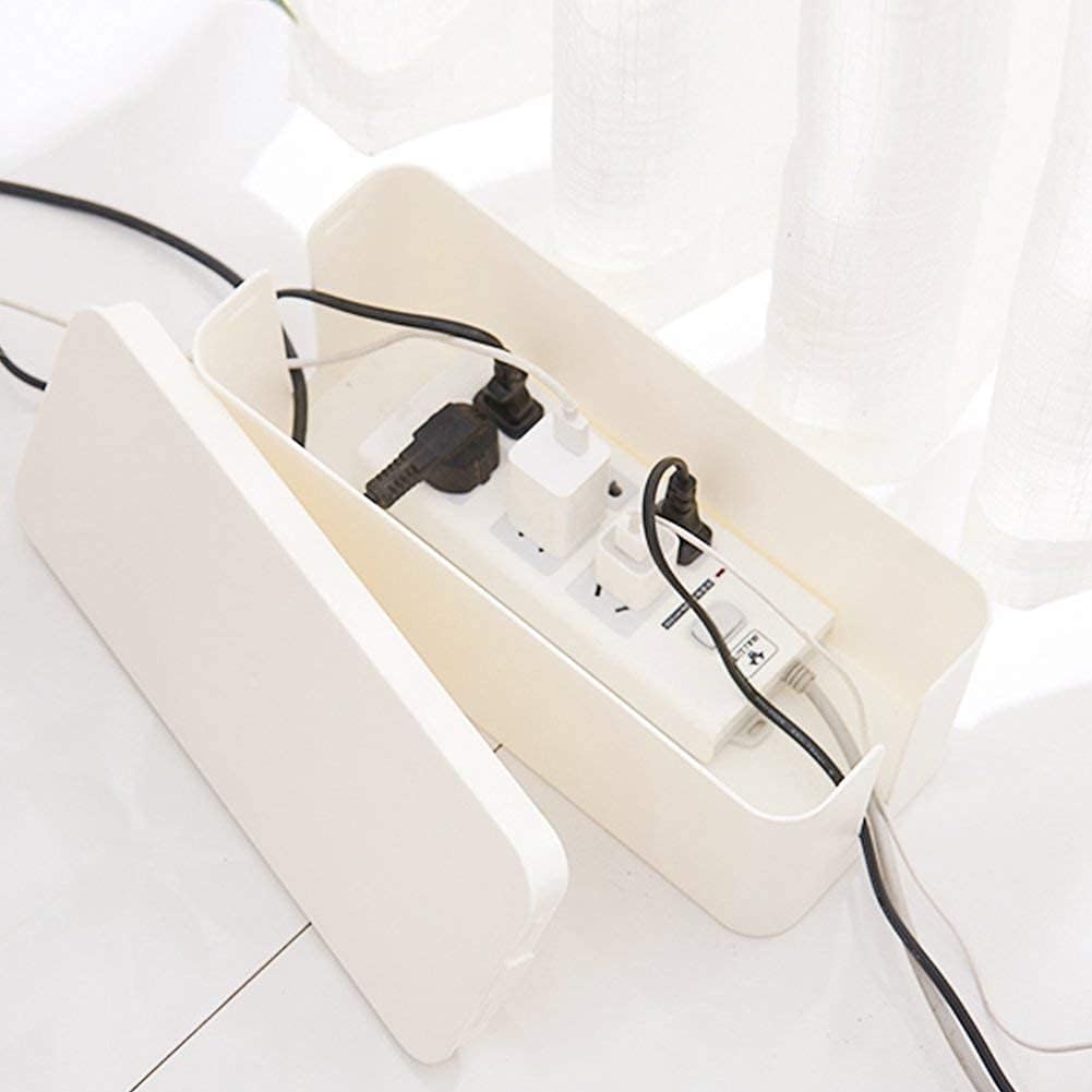 Cable Management Box Organizer, Pack of 2 Wire Concealer to Cover Hide Surge Protector & Power Strip on Desk Floor, with 5 Cord Fastening Tapes for Office, Home, Kitchen (Ice White)