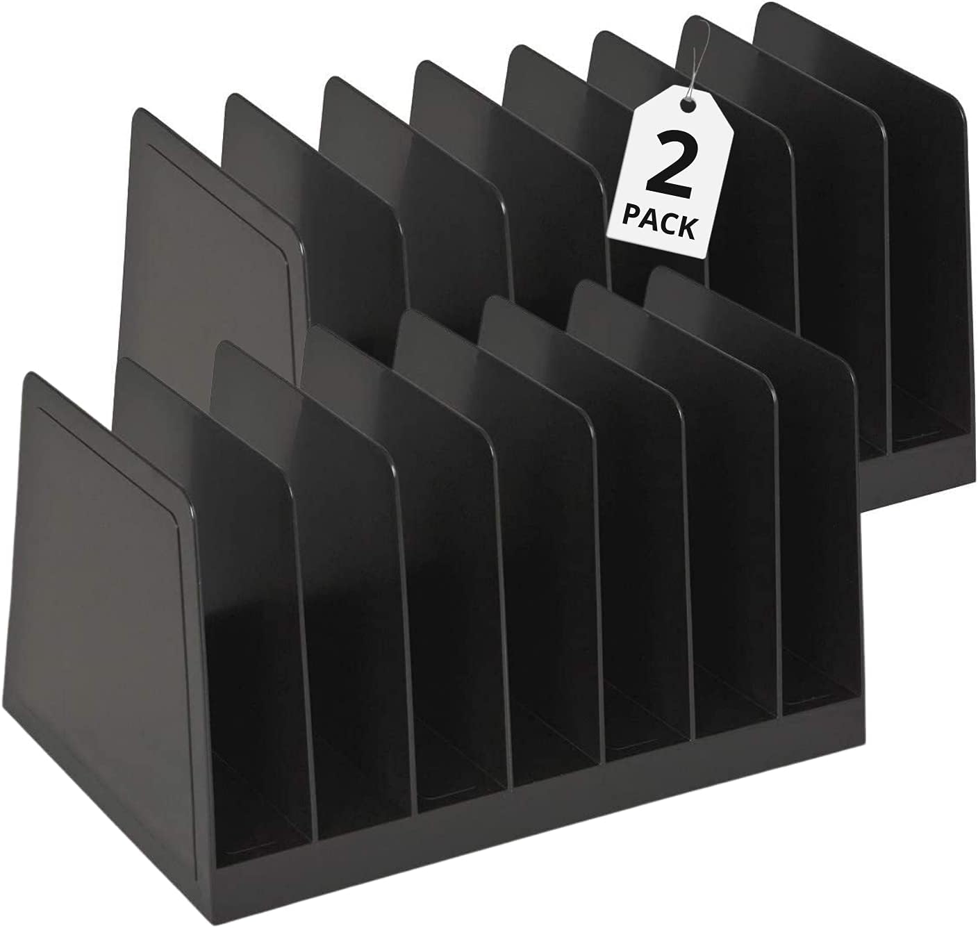 1InTheOffice Desktop File Organizer Vertical, Mail Organizer, 7 Compartments Office File Sorter, 4-3/4" H x 8-3/4" W x 5-1/2" D, Plastic, Black 2 Pack