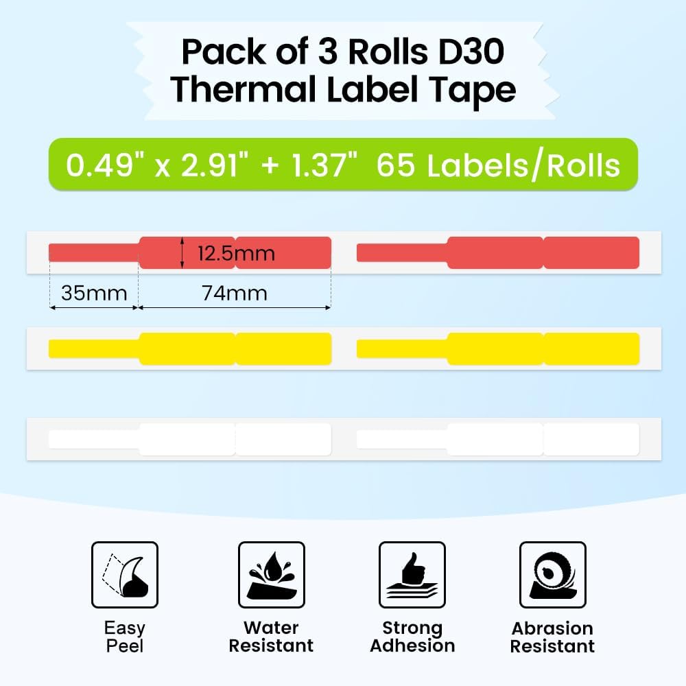Phomemo D30 Label Maker Tape Cable Wire Label Tape, Black Print on White/Yellow/Red Sticker, 12.5mm x 74mm+35mm (3/8" x2 7/8"+1 3/8) Self-Adhesive Thermal Label Tape, 65-Tape/Roll, 3-Roll
