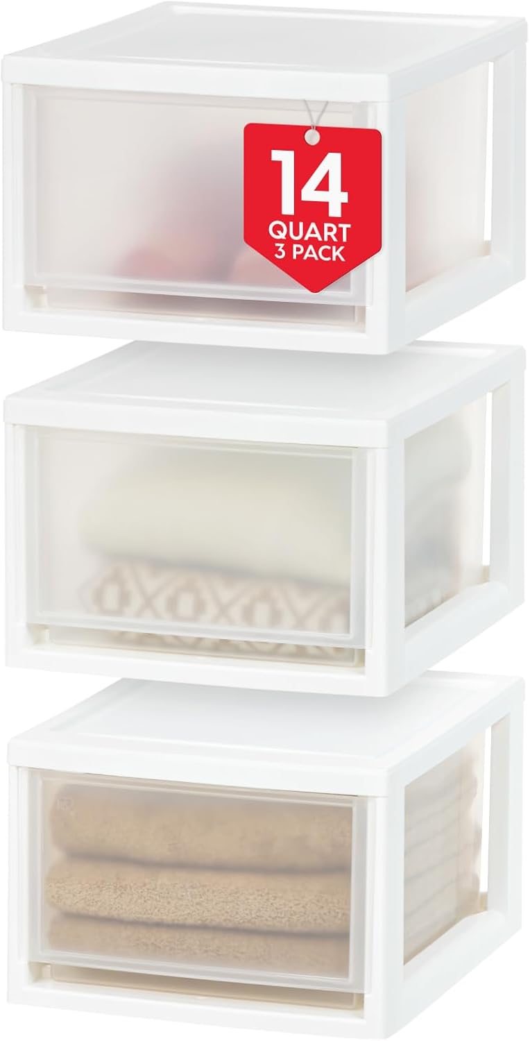 IRIS USA 47 Qt. Extra-Large Stackable Storage Drawer Plastic Drawer Organizer with Clear Doors, for Pantry Bedroom Closet Kitchen Under-Sink Home and Office De-Clutter Shoes and Crafts, White, 2-Pack