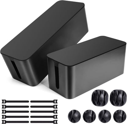 Cable Management Box, 2 Pack Large & Medium Cable Organizer Box with 17 PCS Cable Management Set, Cord Organizer Box to Hide Surge Protector on Desk or Floor (White)