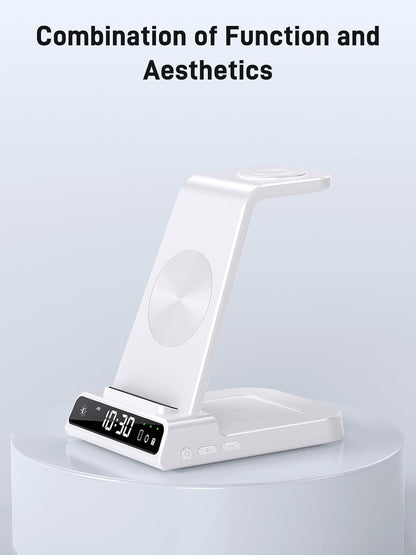 Wireless Charger for Samsung Charging Station: 3 in 1 Android Charging Stand with Dimmable Clock - Nightstand Organizer for Galaxy S25 Ultra, Galaxy Watch 8 7 6 5 4, Galaxy Buds, Space-Saving Charger