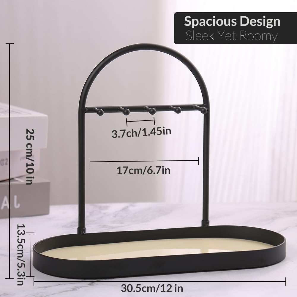 Shinpuru Metal Jewelry Organizer Stand & Key Holder Tray with Acrylic Base, Key Stand and Jewelry Tray with 5 Hooks, Perfect Key Bowl, Valet Key Tray, Ring Holder, Jewelry Dish (Silver Black)