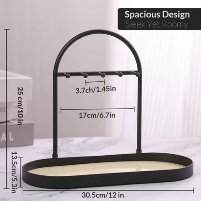 Shinpuru Metal Jewelry Organizer Stand & Key Holder Tray with Acrylic Base, Key Stand and Jewelry Tray with 5 Hooks, Perfect Key Bowl, Valet Key Tray, Ring Holder, Jewelry Dish (Silver Black)