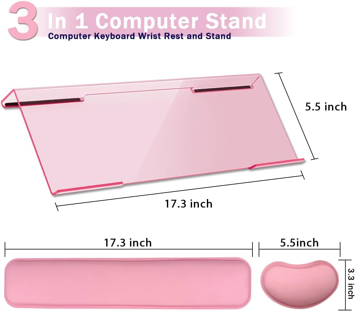 Computer Keyboard Wrist Rest Stand Set for Desktop, Keyboard Holder Easy Typing with Wrist Pad for Office, Home, School - Pink