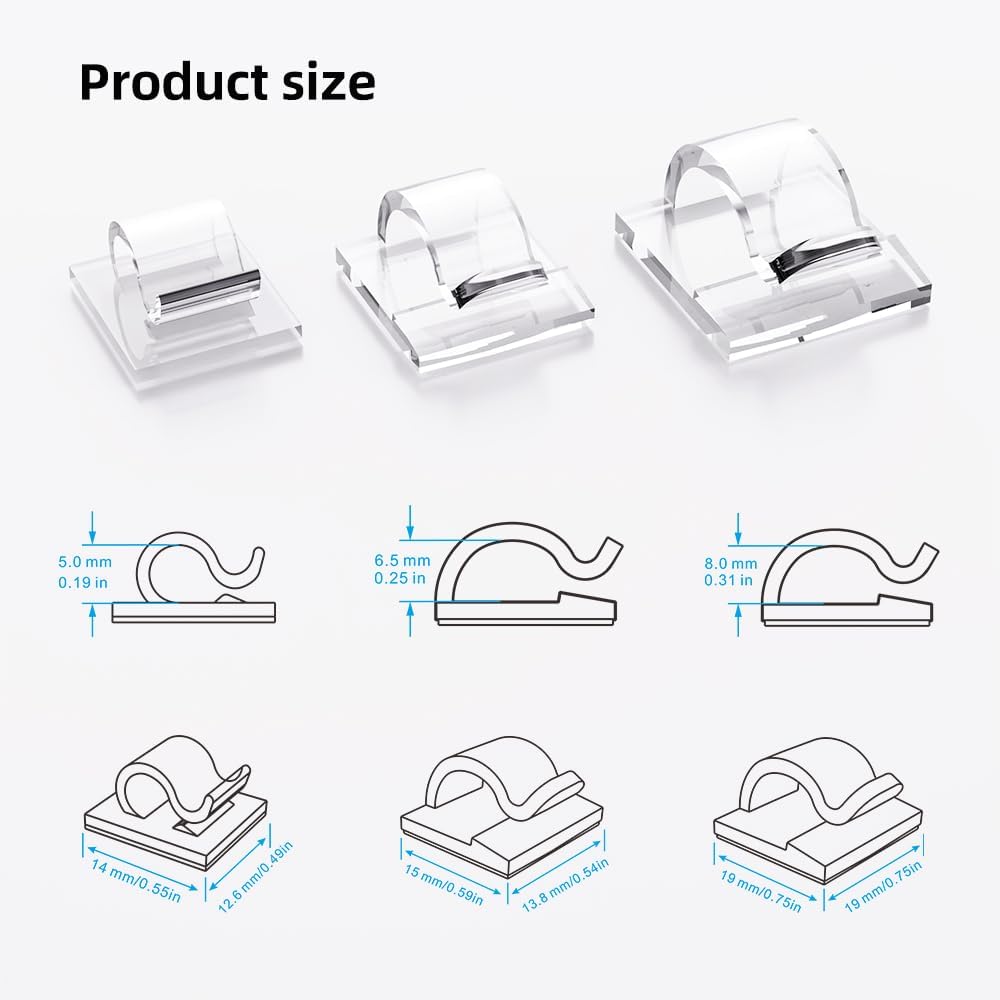 100 PCS Adhesive Cable Clips Cord Organizer (Small, Medium,Large),Wire Holder for Cable Management, Outdoor Light Clips Light Hooks for LED String,Car Dash Cam, Extension Cord (Black)