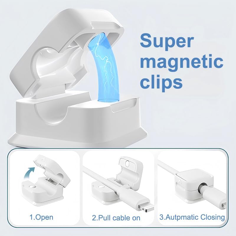 6 Pack Magnetic Cable Clips, Adhesive Cable Management, Adjustable Cord Organizer, Phone Charger Wire Holder for Home Office Kitchen Desk Car Wall Desktop Nightstand, White