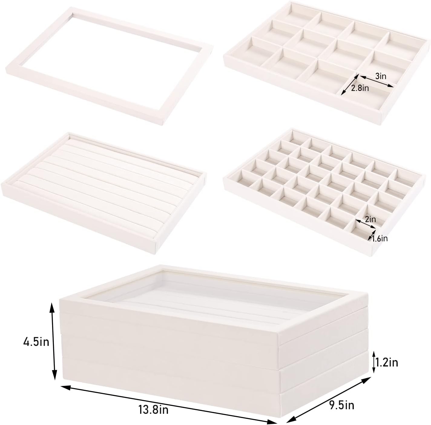 Coward Stackable Jewelry Trays Organizer Set with Clear Lid, Trays for Drawer, Earring Necklace Bracelet Ring Display Organizer (beige(ring+12girds+30girds+The glass lid))