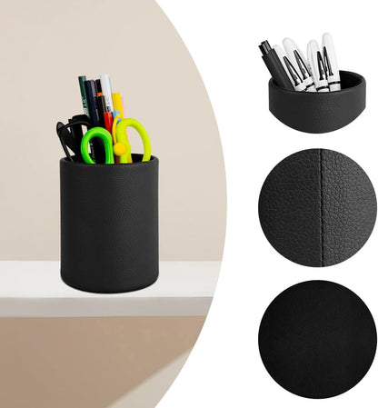 Dark Brown Pen Holder, Leather Pencil Holder, Simple Desktop pen cup, Elegant pen holder for desk, Stationery Organizer for Office School Home Dorm (Brown)