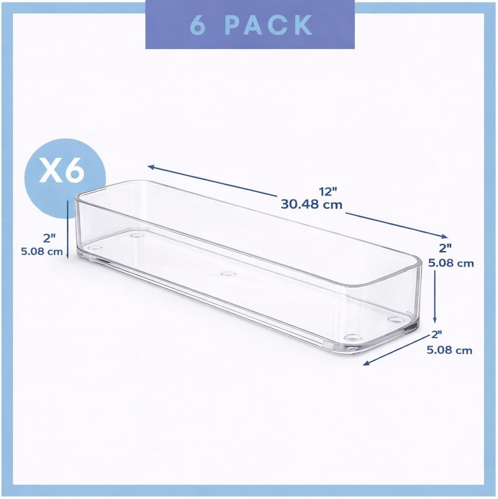 primebox Plastic Clear Drawer Organizers. Bathroom. Kitchen, Bedroom, Utensils, Office Organizer Bins, Storage Trays. Stackable. 9" x 6" x 2" Set of 6