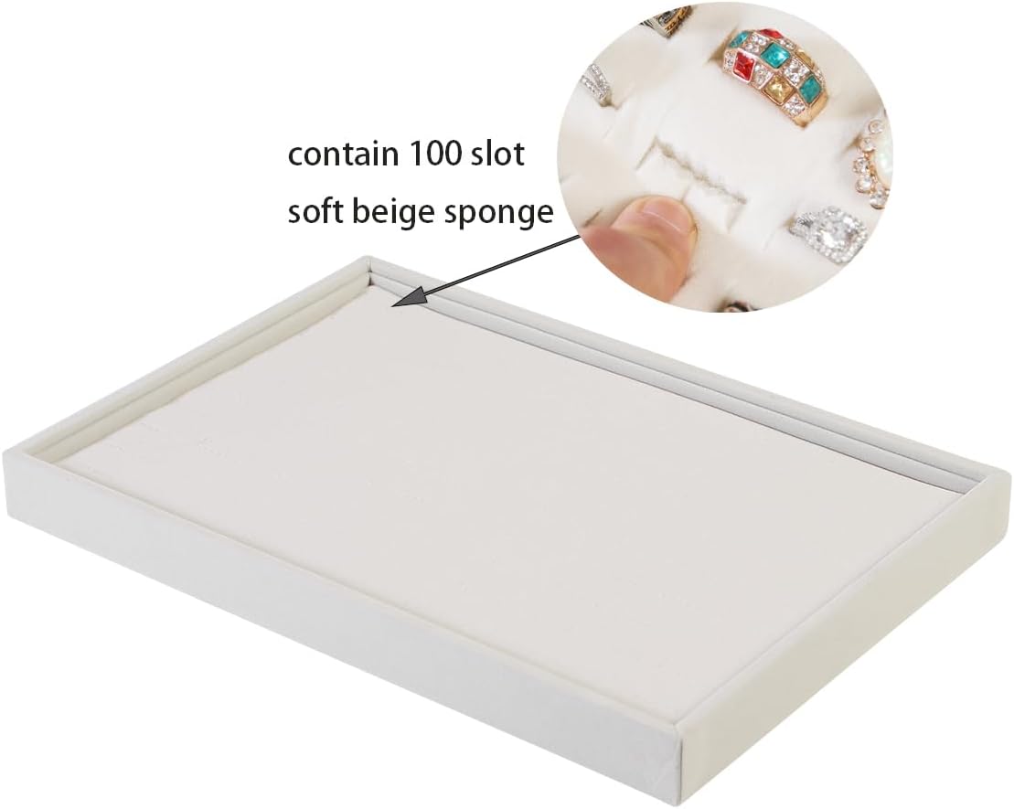 Coward Stackable Jewelry Trays Organizer Set with Clear Lid, Trays for Drawer, Earring Necklace Bracelet Ring Display Organizer (beige(ring+12girds+30girds+The glass lid))