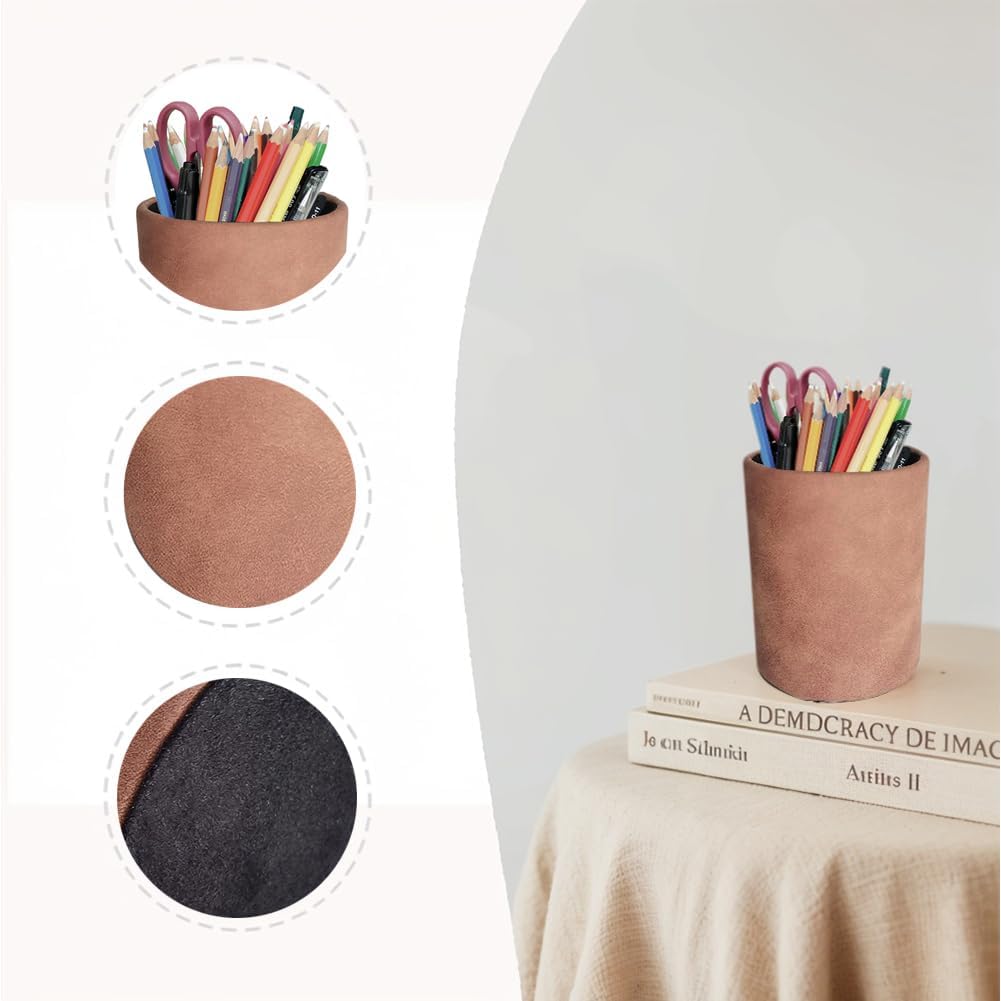 Leather Pen Holder, Brown Pencil Holder, Desktop Elegant Pen Holder for Desk, Stationery Organizer for School Office Home Dorm (3.3" x 3.3" x 4", Brown)