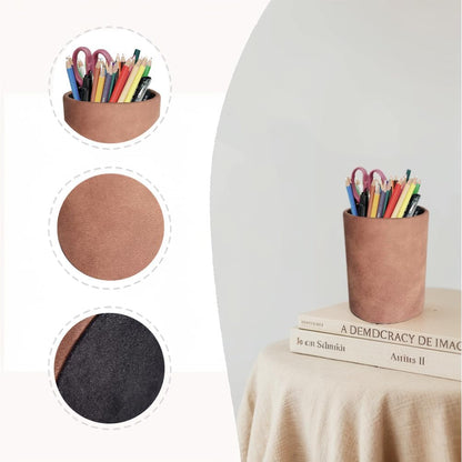 Leather Pen Holder, Brown Pencil Holder, Desktop Elegant Pen Holder for Desk, Stationery Organizer for School Office Home Dorm (3.3" x 3.3" x 4", Brown)