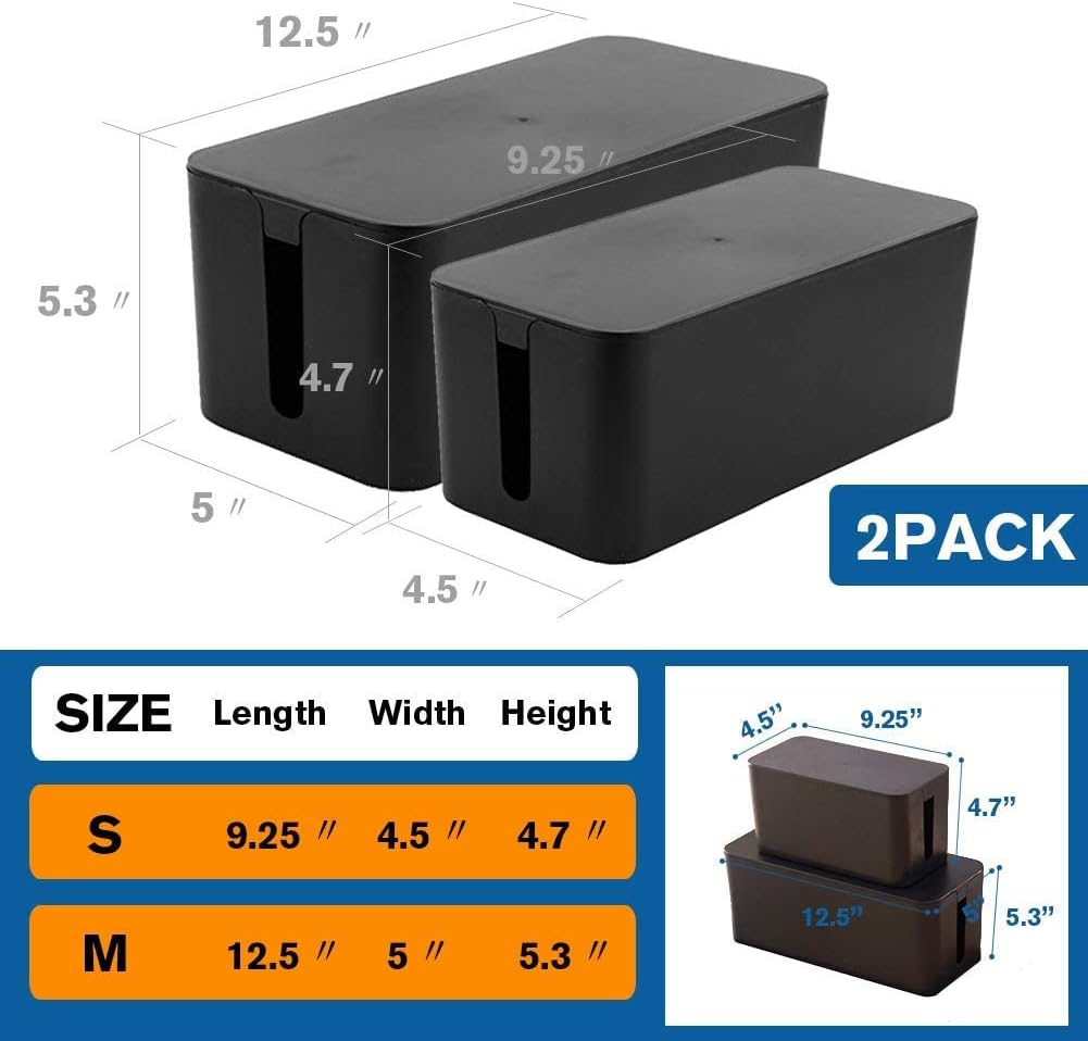 Cable Management Box Organizer, Pack of 2 Wire Concealer to Cover Hide Surge Protector & Power Strip on Desk Floor, with 5 Cord Fastening Tapes for Office, Home, Kitchen (Ice White)