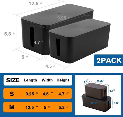 Cable Management Box Organizer, Pack of 2 Wire Concealer to Cover Hide Surge Protector & Power Strip on Desk Floor, with 5 Cord Fastening Tapes for Office, Home, Kitchen (Ice White)