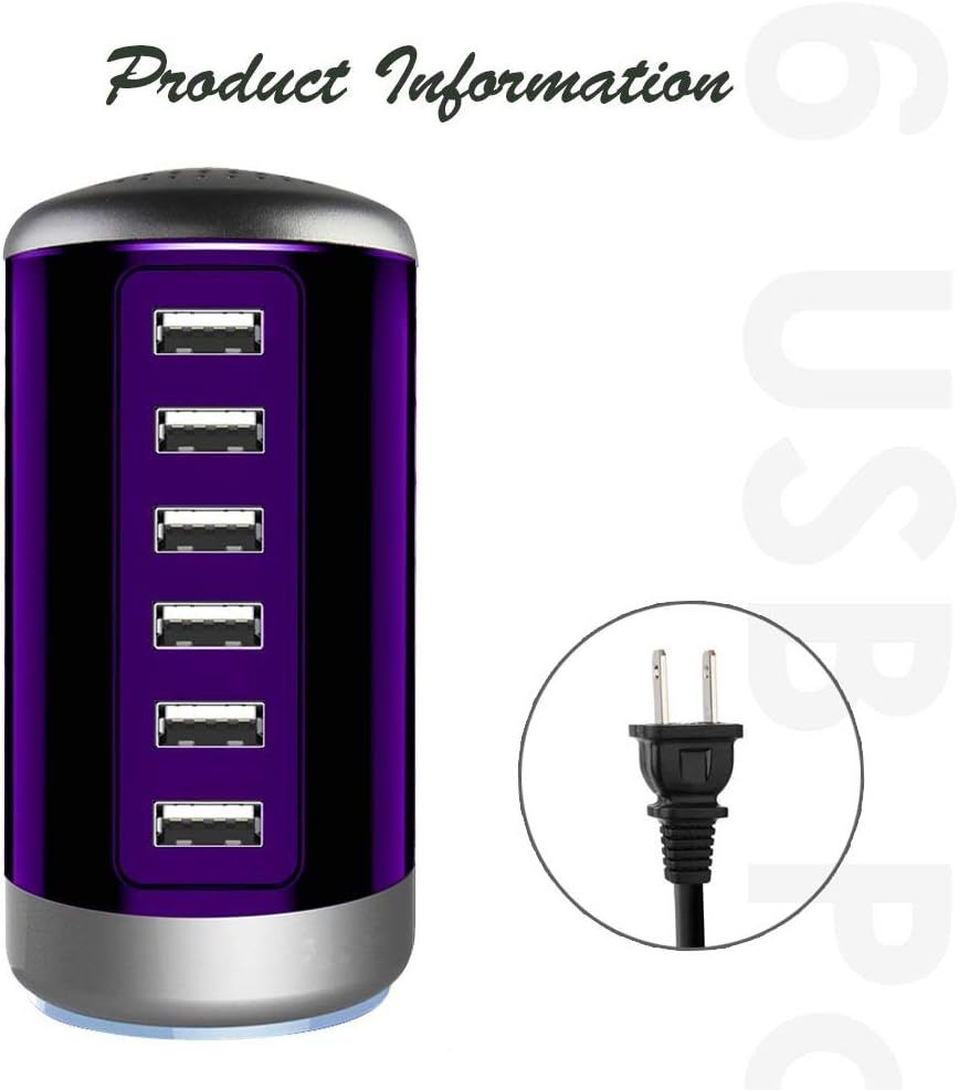 Universal USB Charger 6-Port Desktop USB Charging Station Hub with Smart Identification Technology Compatible with iPhone iPad Cell Phone Tablets(Purple)