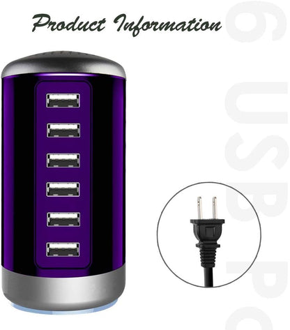 Universal USB Charger 6-Port Desktop USB Charging Station Hub with Smart Identification Technology Compatible with iPhone iPad Cell Phone Tablets(Purple)