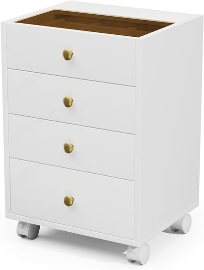 JanlyHome Under Desk Storage, 4 Drawer Small File Cabinet, Chest of Drawer with Glass Top, Mobile Printer Stand with Lockable Wheels for Home Office Study, White