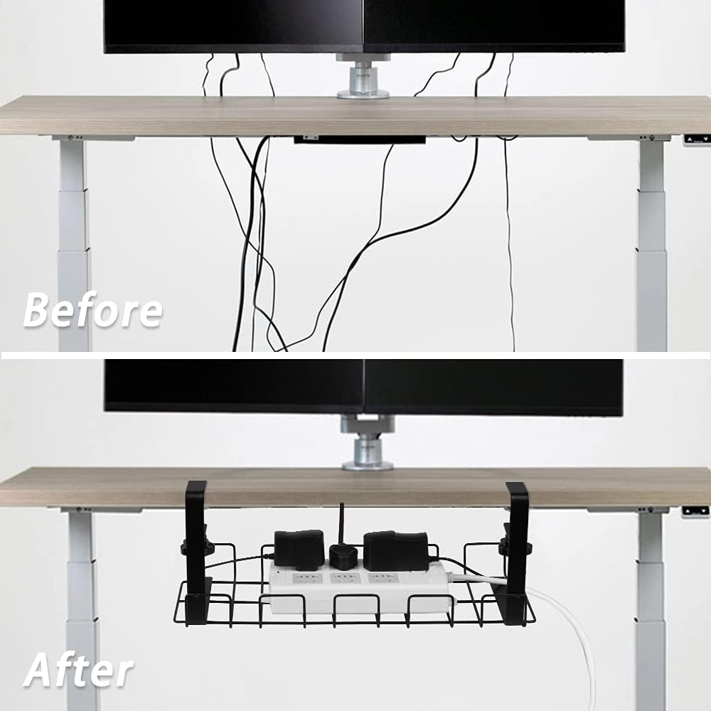 Baskiss Under Desk Cable Management Trays 2 Pack, 16" Clamp Mounted Cord Organizer Holder Wire Organization No Drill Holes Needed for Computer Home Office Standing Tables to Conceal Power Strips