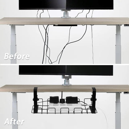 Baskiss Under Desk Cable Management Trays 2 Pack, 16" Clamp Mounted Cord Organizer Holder Wire Organization No Drill Holes Needed for Computer Home Office Standing Tables to Conceal Power Strips