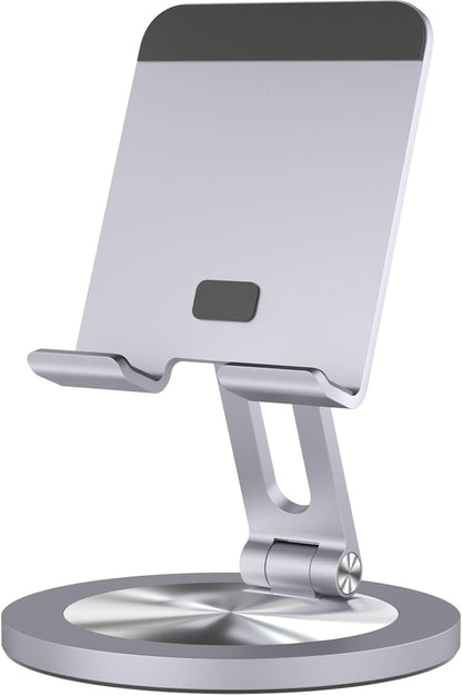 Phone Stand for Desk, 360° Rotating Dual Adjustable Foldable Holder, Heavy Solid All-Aluminum Base Anti-Slip Stable Support for Home Office Study, Fits iPhone Galaxy 4-8" Phones (Silver)