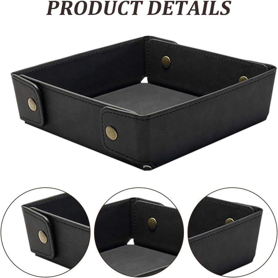 Portable PU Leather Valet Tray for Travel Foldable Leather Jewelry Storage Case Catchall Dish Plate Necklace Black Pendant Organizer Holder Container for Men Women Desk Bedside Drawers