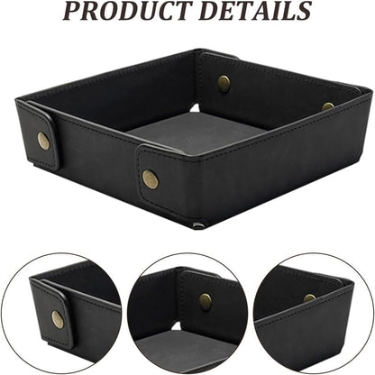 Portable PU Leather Valet Tray for Travel Foldable Leather Jewelry Storage Case Catchall Dish Plate Necklace Black Pendant Organizer Holder Container for Men Women Desk Bedside Drawers