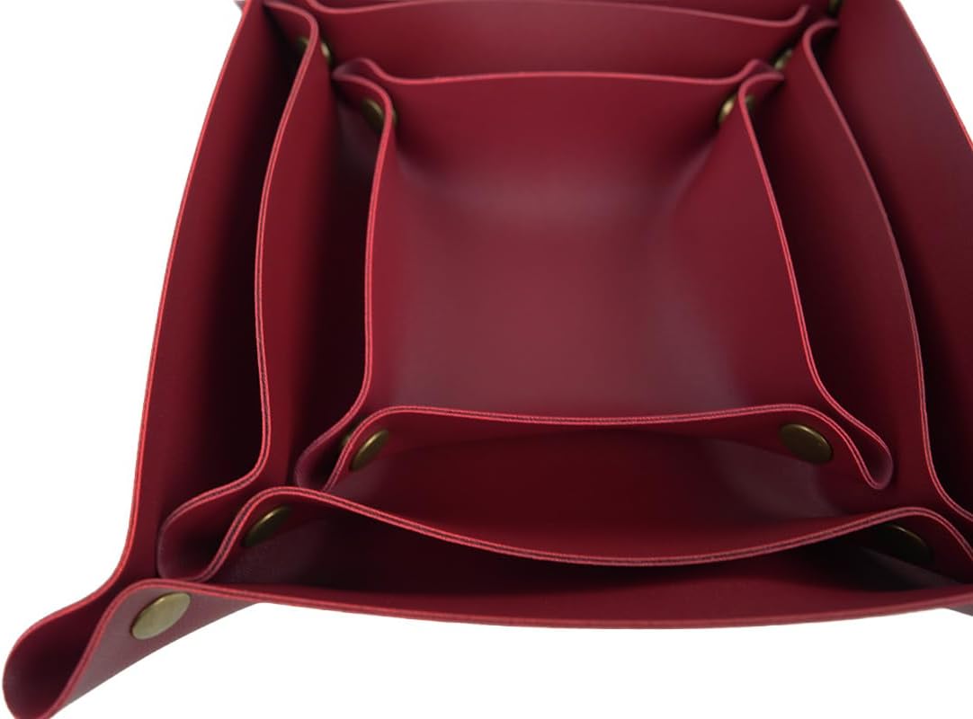 DoMii PU Leather Tray Valet Tray,Catchall Tray for Keys/Watch/Wallet/Jewelry,Desk Organizer for Entryway Table Bedside Nightstand 3Sizes Wine Red