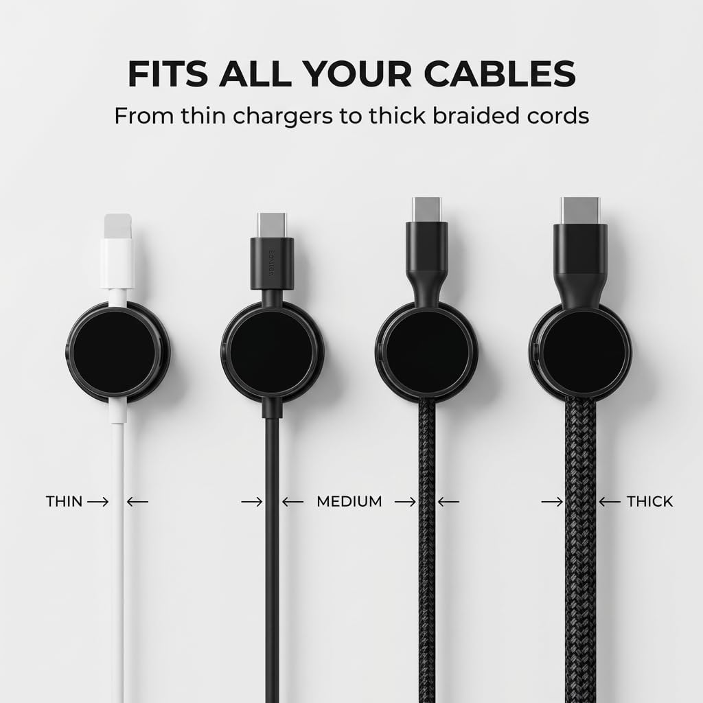 Magnetic Cable Clips, 360° Rotatable Magnetic Clips, Under Desk Cable Management, Strong Adhesive Cord Organizer for Desk, Phone, Wire Cord Holder Keeper for Home, Car, Office Accessories (Black 3PC)