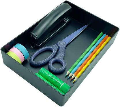 Amazon Basics Rectangular Plastic Desk Organizer with Storage Trays, Accessory Tray for Office Supplies and Pen Holder, 9.4 x 6.7 x 2 inch, Black