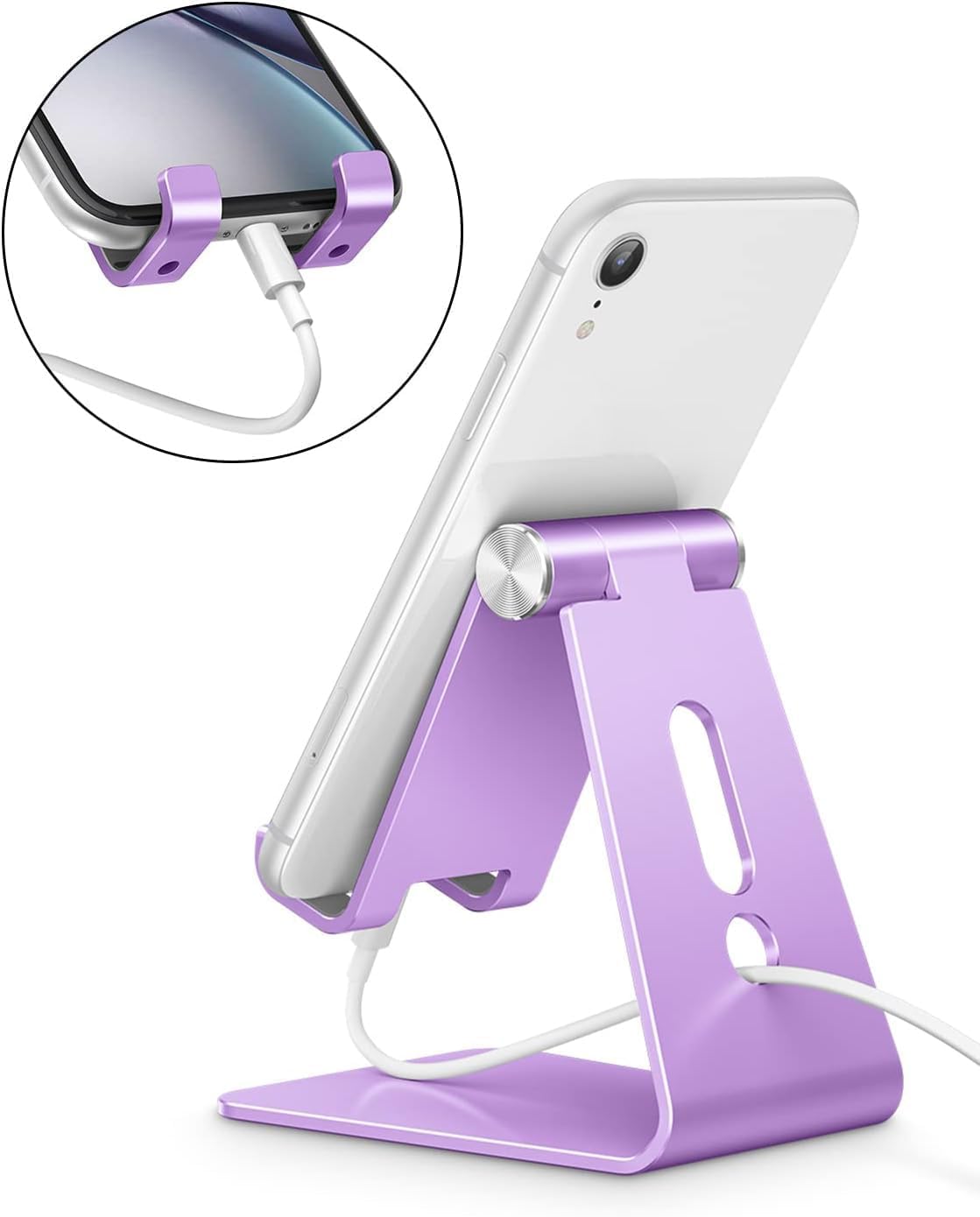 Adjustable Cell Phone Stand, OMOTON Aluminum Desktop Cellphone Stand with Anti-Slip Base and Convenient Charging Port, Fits All Smart Phones, Silver