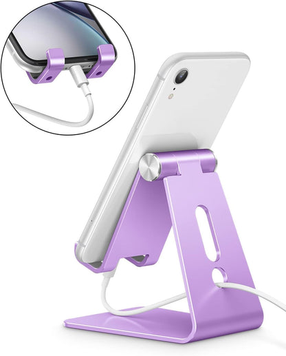 Adjustable Cell Phone Stand, OMOTON Aluminum Desktop Cellphone Stand with Anti-Slip Base and Convenient Charging Port, Fits All Smart Phones, Silver