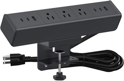 Nightstand Charging Station with 4 USB-C&2 QC 3.0 USB A Ports 3 AC Outlet, Desk Edge Mount Power Strip with USB-C Ports Tabletop Surge Protector Desk Clamp Power Strip for Home Office(Black)