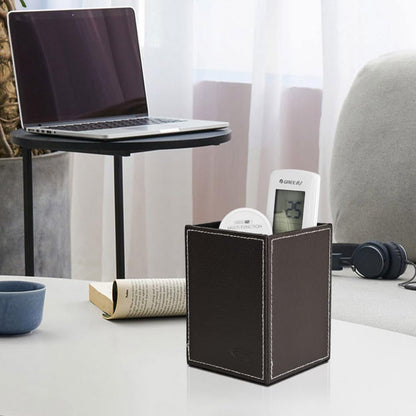 Leather Pen Holder, Brown Pencil Holder, Desktop Elegant Pen Holder for Desk, Stationery Organizer for School Office Home Dorm (3.3" x 3.3" x 4", Brown)