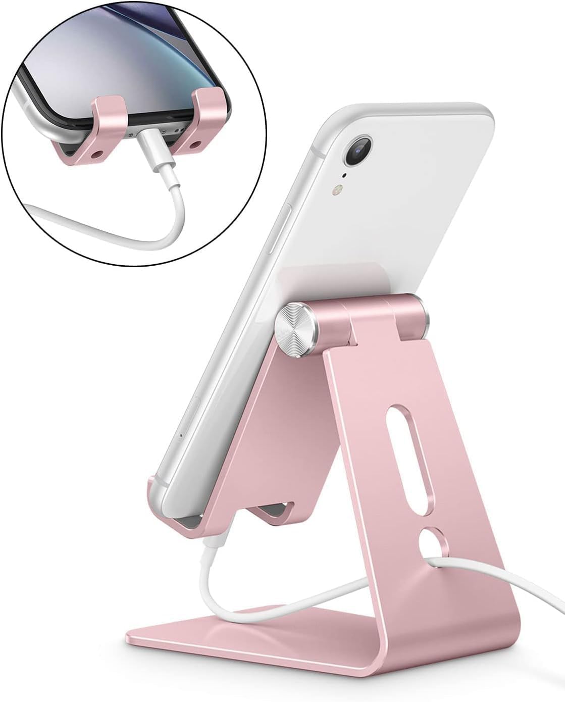 Adjustable Cell Phone Stand, OMOTON Aluminum Desktop Cellphone Stand with Anti-Slip Base and Convenient Charging Port, Fits All Smart Phones, Silver