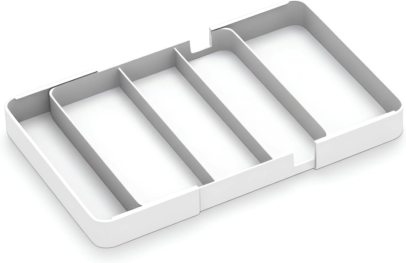 Shallow Drawer Organizer (1.57" H), Modular Expandable Desk Divider (Width 10.6"-17.9" OR Length 16.1"), Detachable Tray for Office Stationery, Makeup, Kitchen Utensils, White