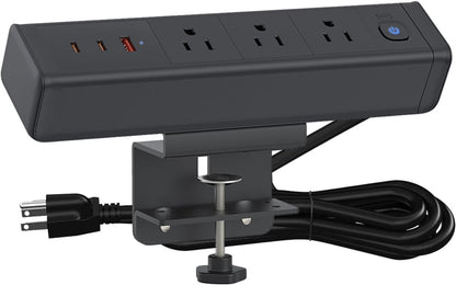 Nightstand Charging Station with 4 USB-C&2 QC 3.0 USB A Ports 3 AC Outlet, Desk Edge Mount Power Strip with USB-C Ports Tabletop Surge Protector Desk Clamp Power Strip for Home Office(Black)