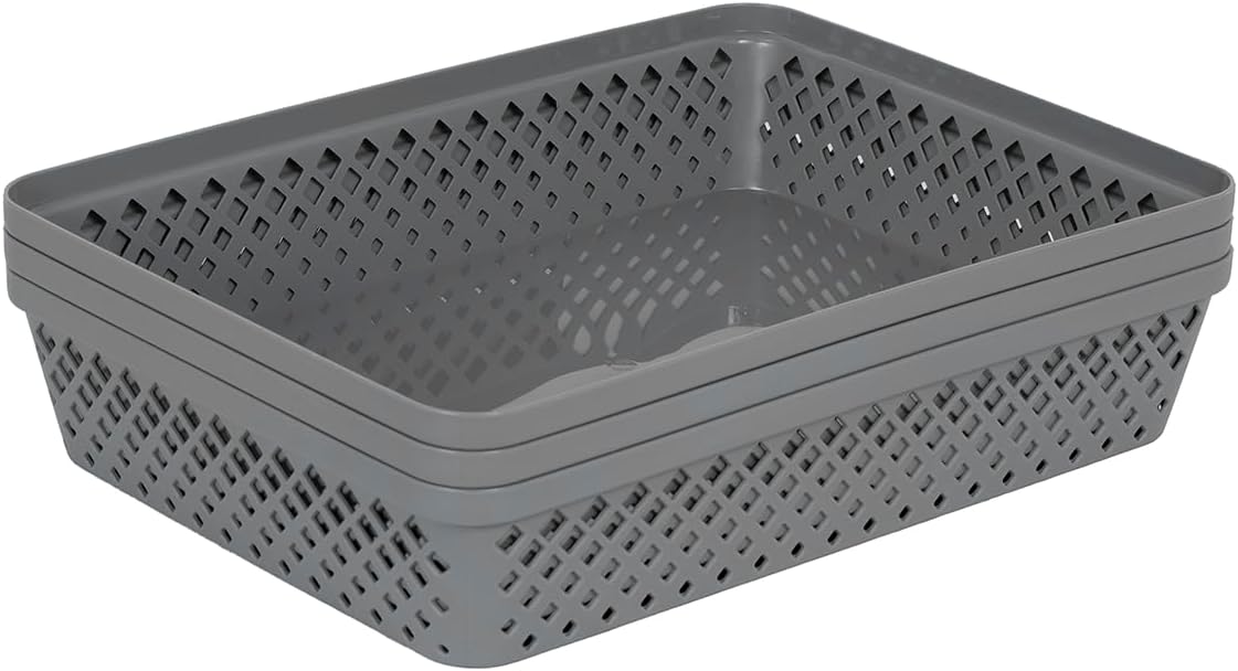 Glad Plastic Storage Basket Set - Multipurpose Drawer Trays, Kitchen Pantry Containers, and Bathroom Bins - 6 Pack Medium Organizers, Grey
