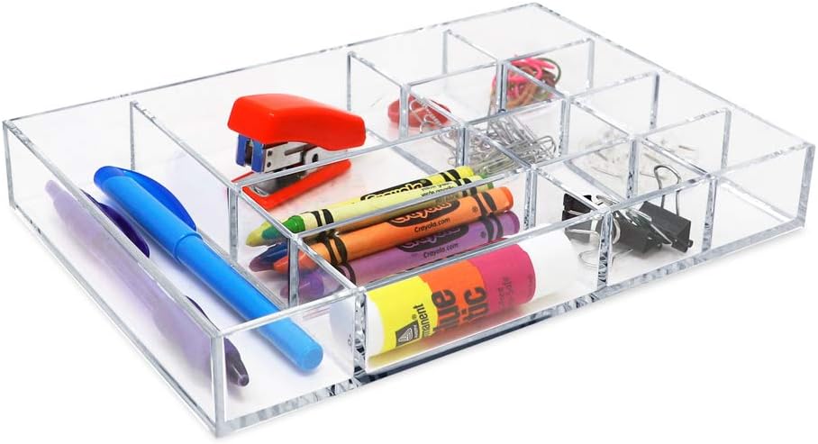 Isaac Jacobs 12-Compartment Clear Acrylic Drawer Organizer (9.4" L x 6.4" W x 1.3" H), Multi-Sectional Tray & Storage Solution for Makeup, School & Office Supplies, Bathroom, Kitchen