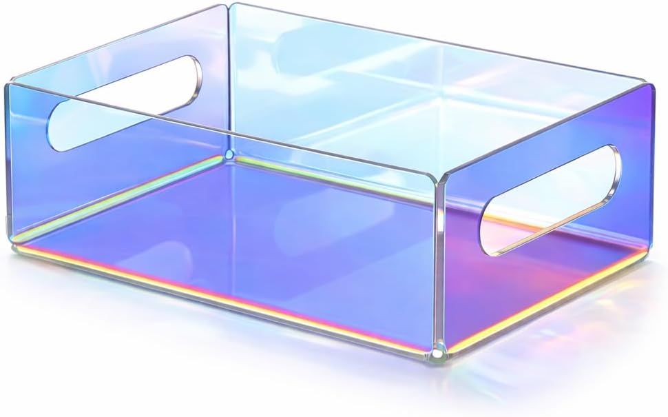 Iridescent Acrylic Square Tray Letter Organizer,Clear Lucite Acrylic Desk Paper Tray for Files Documents Notebooks,StackableTransparent Catch All Tray for Office or Coffee Table (8.66 x 6.5 x 3.35 in)
