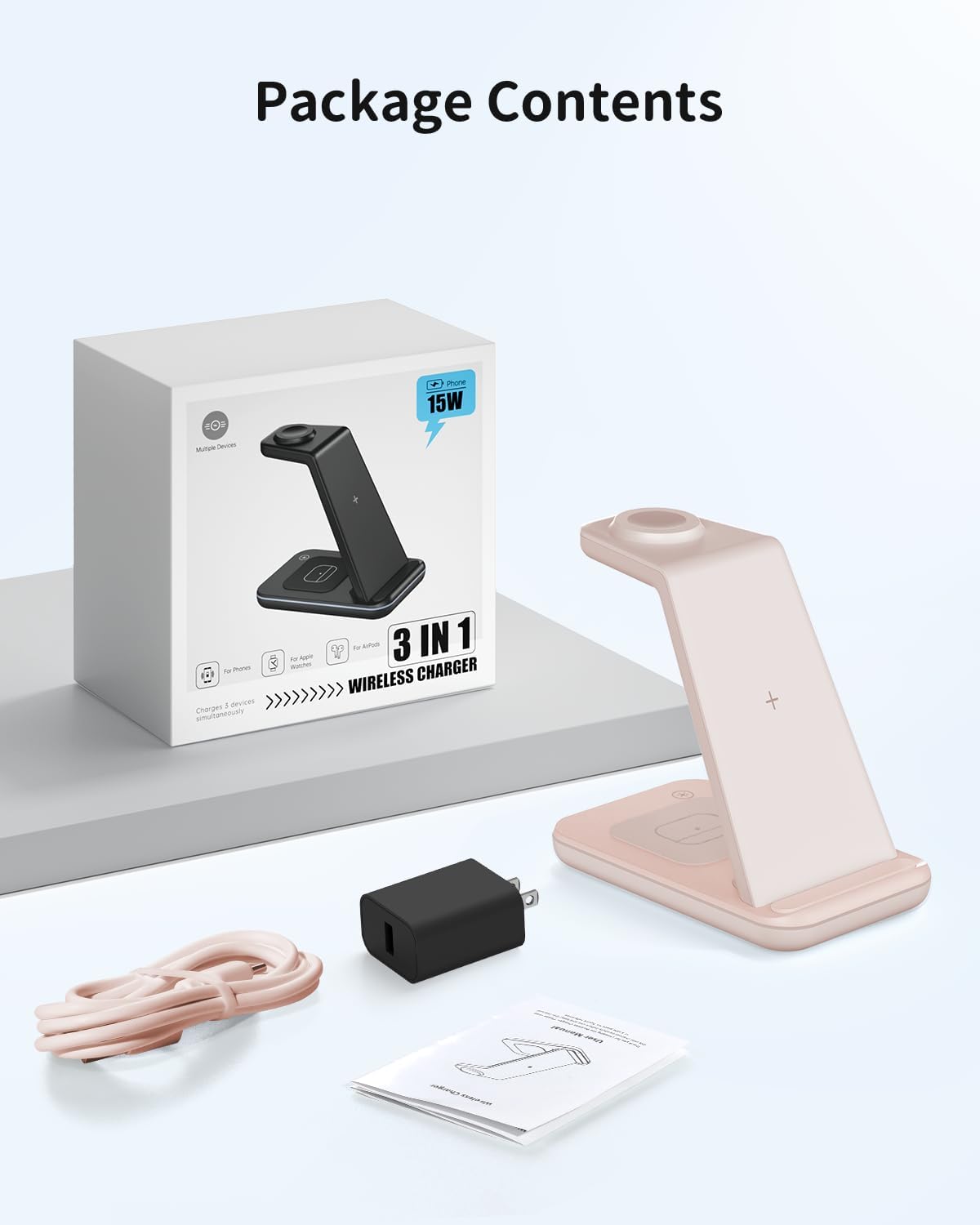 Charging Station for iPhone and Apple Watch: 3 in 1 Wireless Phone Charger Stand for iPhone 17 16 15 14 13 12 11 Pro Max & AirPods, Bedside Nightstand Docking