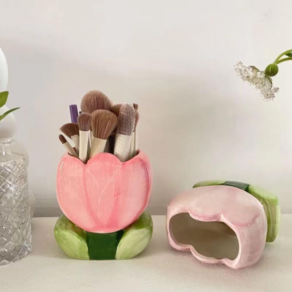 AMZWISH Pink Pen Holder, Ceramic Tulip Flower Design Makeup Brush Holder Stand for Countertop, Vanity Table, Desk Organizer for Bathrooms, Kitchens, Office