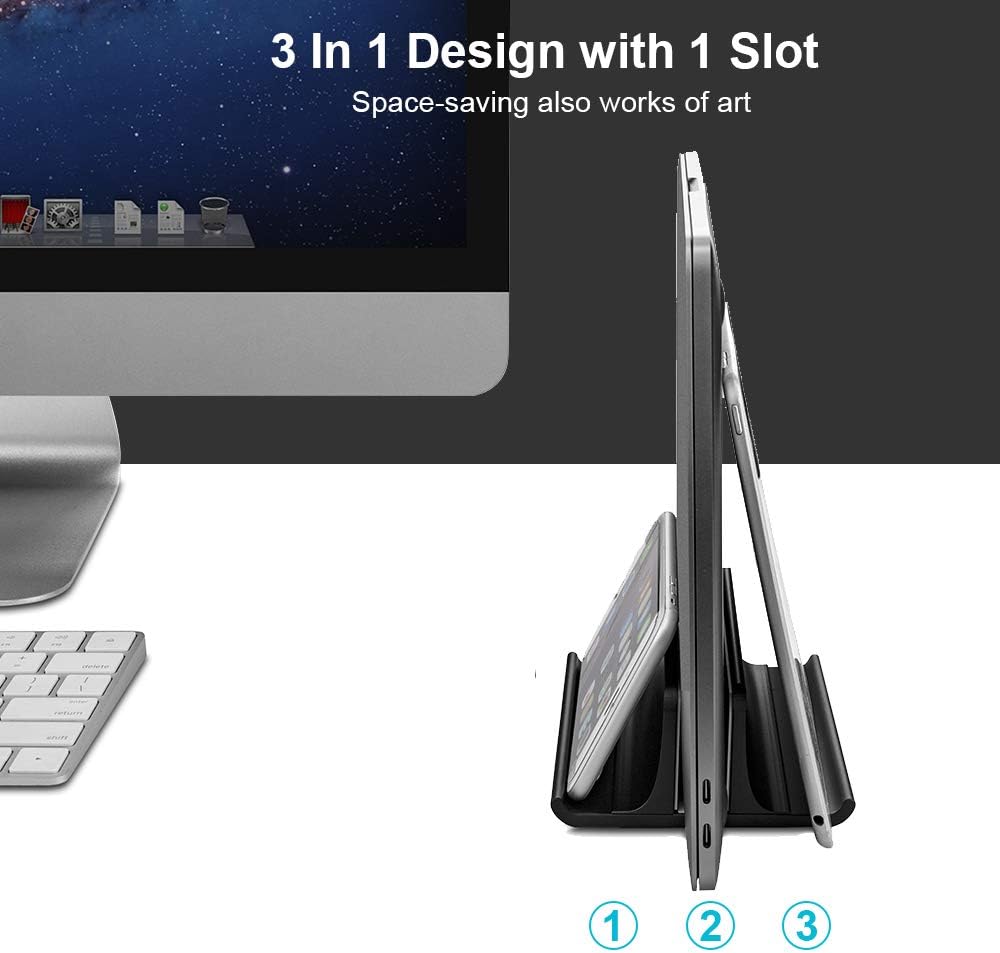 Vaydeer 3-in-1 Aluminum Laptop Stand Vertical Laptop Stand Holder for Desk with Adjustable Dock, Space-Saving Organizer for All MacBook, Surface, Samsung, HP, Dell, up to 17.3 inch