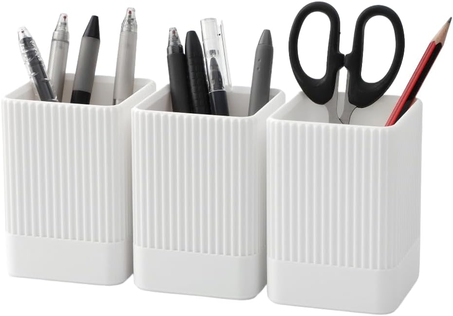 3 Pack Aesthetic Pen Holder for Desk-Sturdy Plastic Pencil Holder - Stylish Makeup Brushes Cup for Women Girls - Cute and Functional Desk Organizer for Office Supplies - Modern Office Decor Pen Cup
