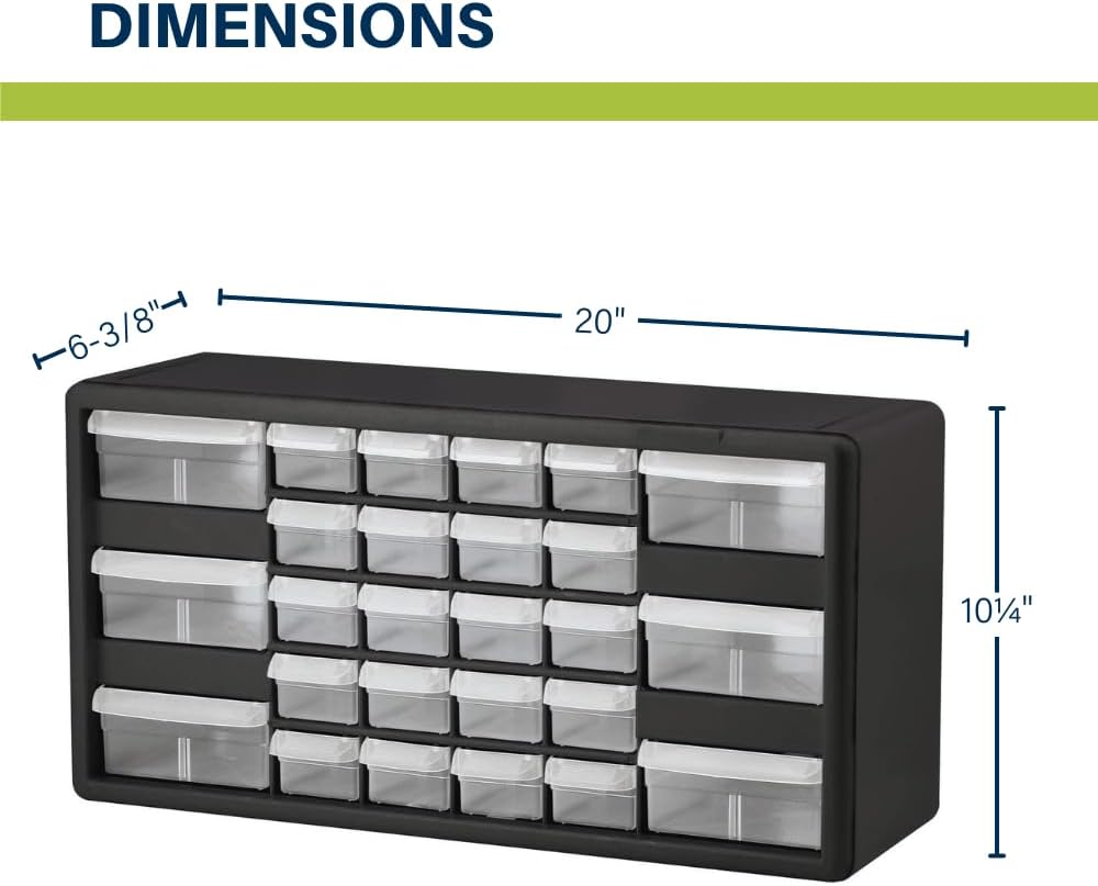 Akro-Mils 24-Drawer Plastic Drawer Storage Cabinet for Garage Organization, Bead Organizer, Building Bricks Storage, Teacher Toolbox, Makeup Organizer, 20" W x 6" D x 16" H, 10124 Black