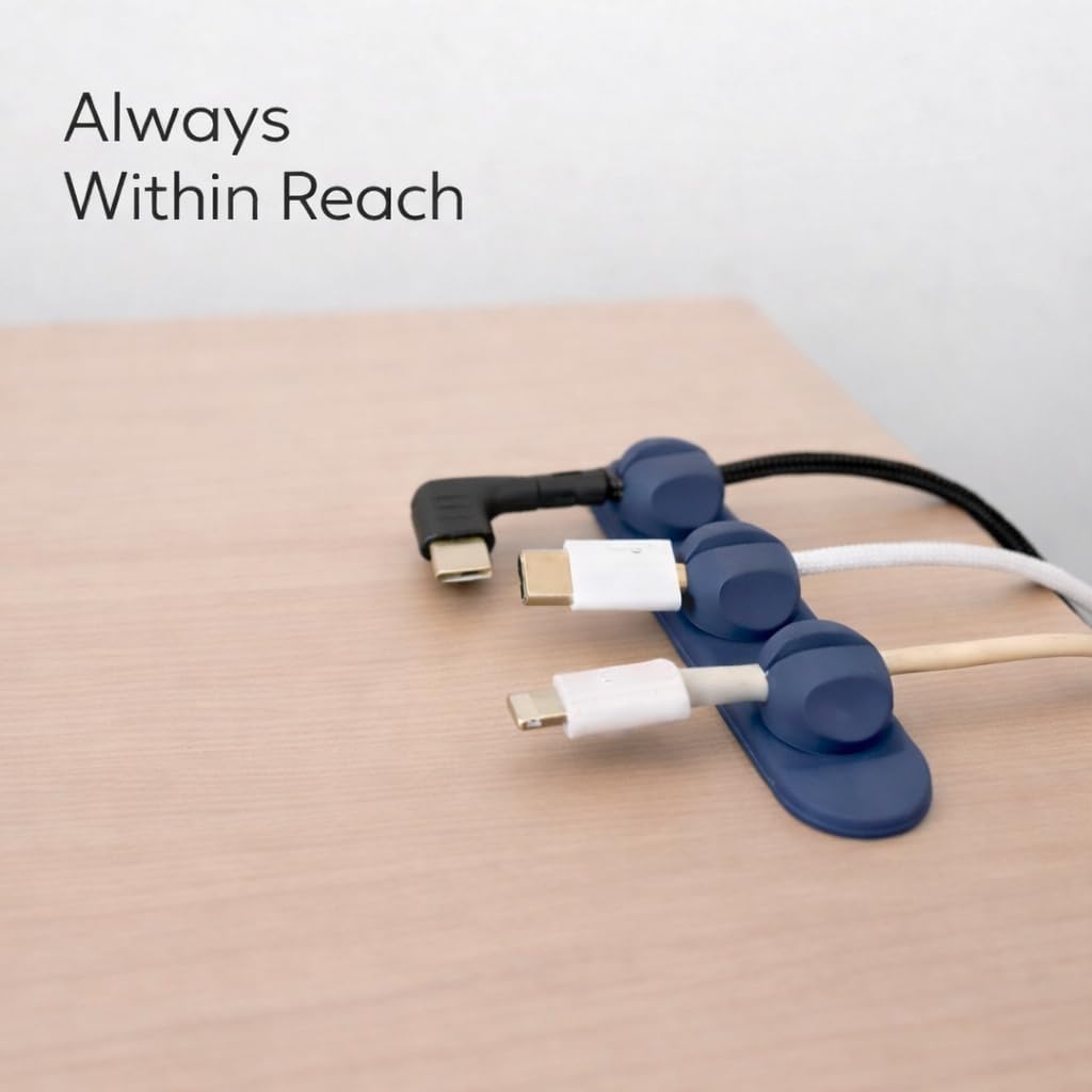 Magnetic Cable Organizer for Desk & Nightstand 3 Clip Cord Holder with One-Hand Access 3M Adhesive Cable Clips, N52 Magnetic Cord Holder for Phone, USB-C & Laptop Cables