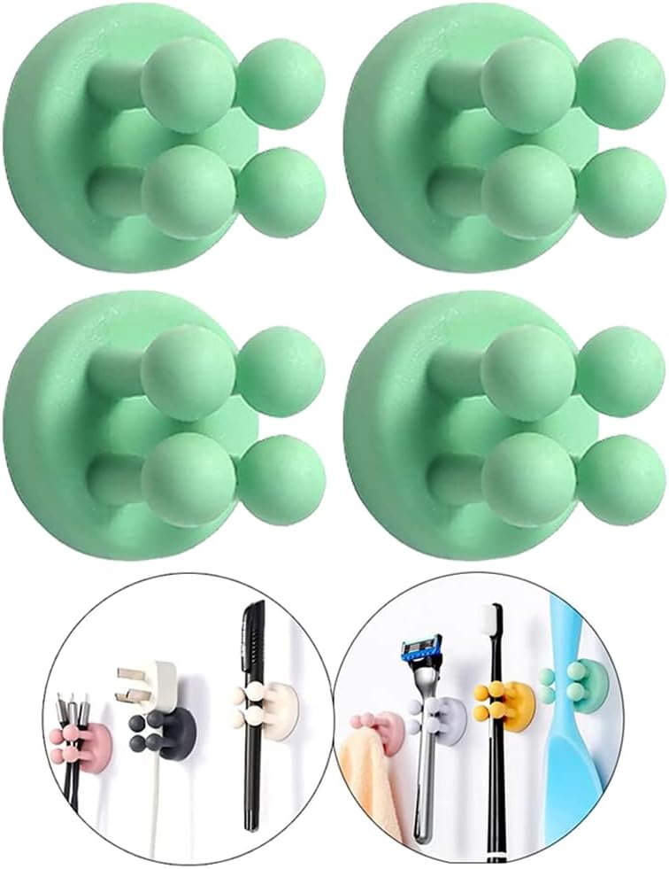 Silicone Toothbrush Holders - 4 Pcs Razor Hooks Adhesive Wall Mounted for Hanging Towel Key Plug Cable, Utility Decor Stick to Dorm Room Essentials Function for Kitchen Bathroom Home Office